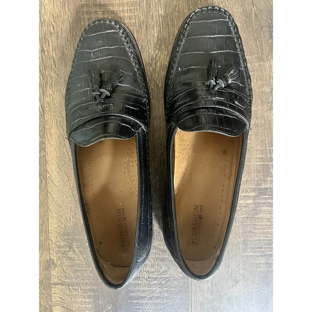 Pisa Florsheim Mens Black Shoes Crocodile Print Leather slip on Sz 10.5